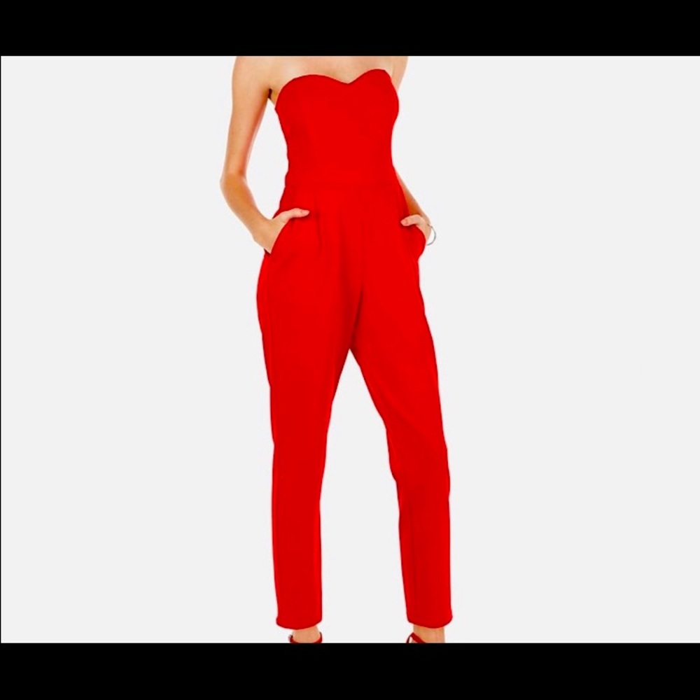 Express Red Strapless Jumpsuit Sweetheart neckline